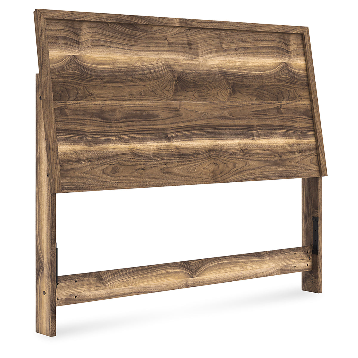 Walnut-toned wood panel headboard with centered cutout and visible side posts