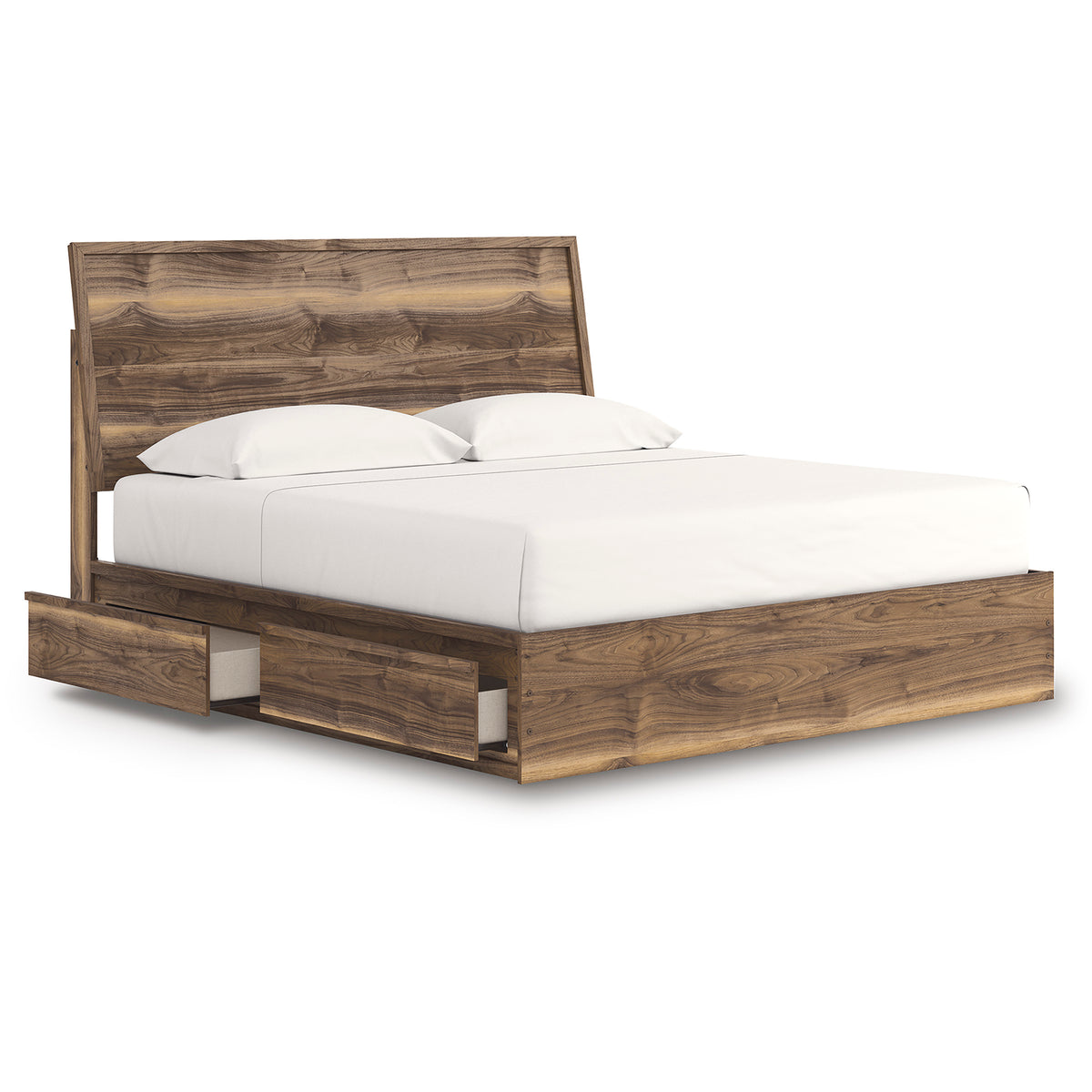 Walnut wood bed frame with side drawer storage and white bedding on top.