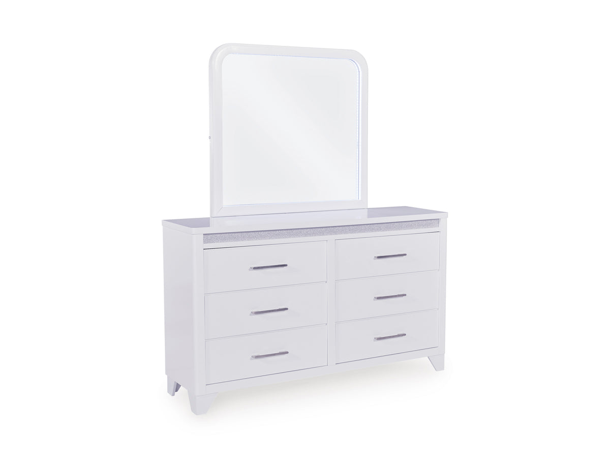 White dresser and arched mirror with six drawer fronts