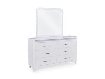 White dresser and arched mirror with six drawer fronts