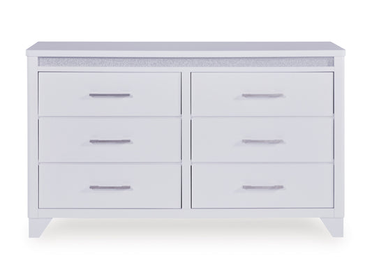 White dresser front with six drawers and metal bar pulls