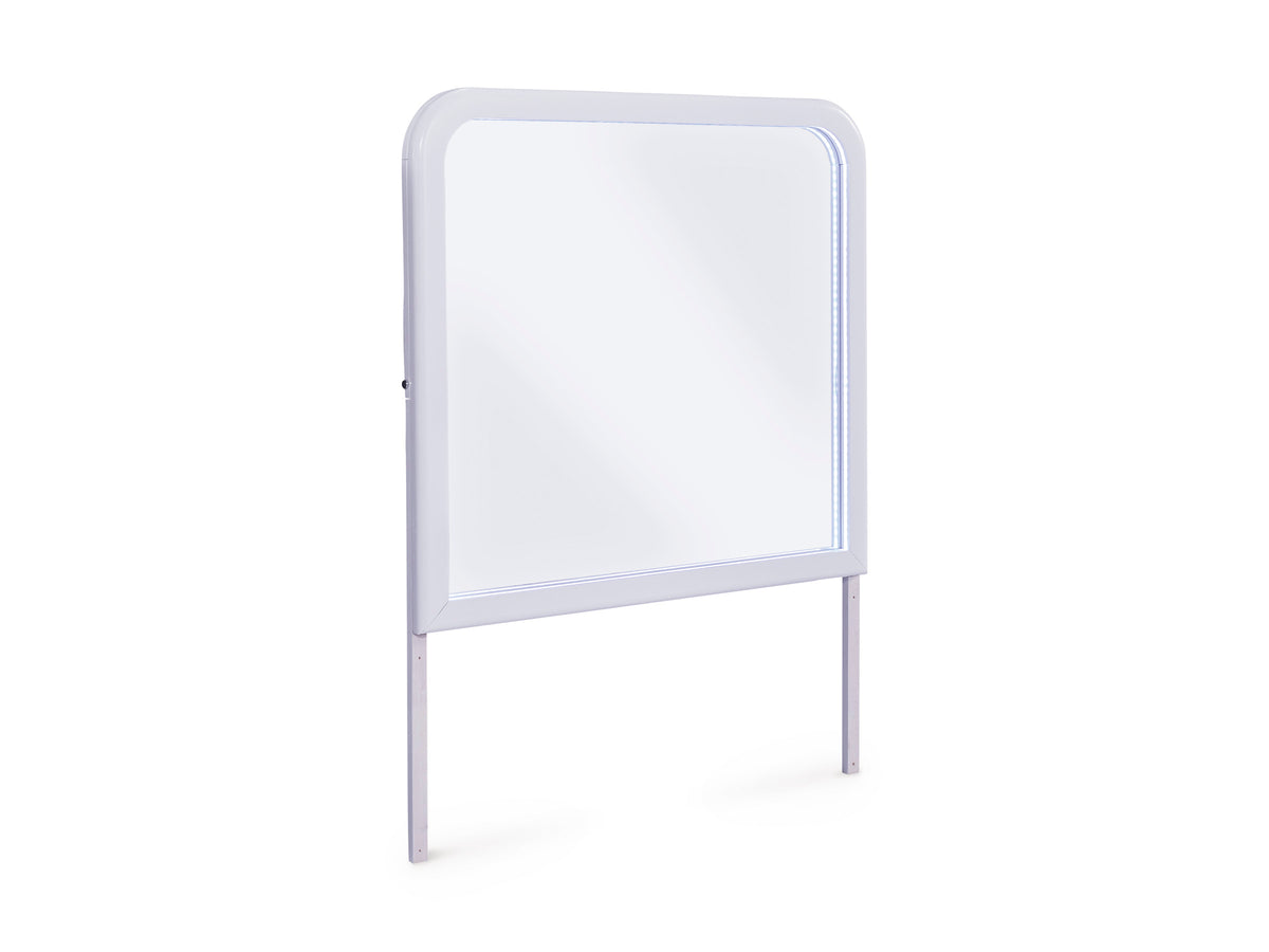 White-framed bedroom mirror with rounded top and two metal legs