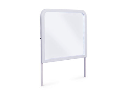 White-framed bedroom mirror with rounded top and two metal legs