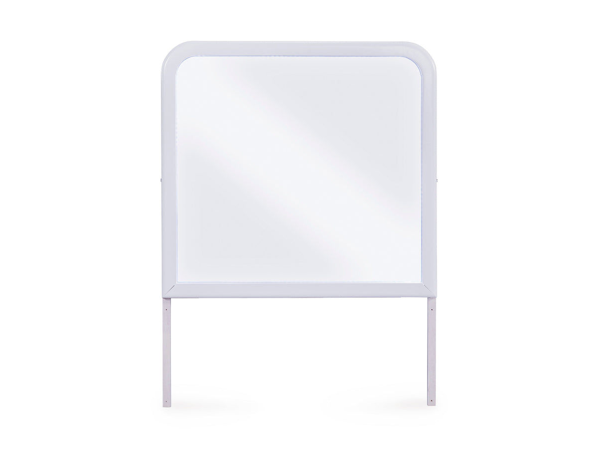 White-framed bedroom mirror, front view, rounded top with two metal legs