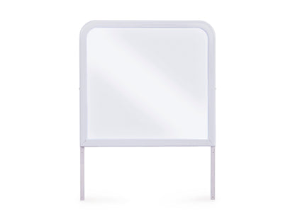 White-framed bedroom mirror, front view, rounded top with two metal legs
