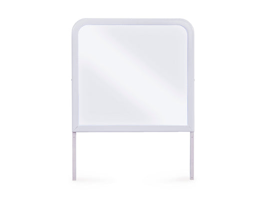White-framed bedroom mirror, front view, rounded top with two metal legs