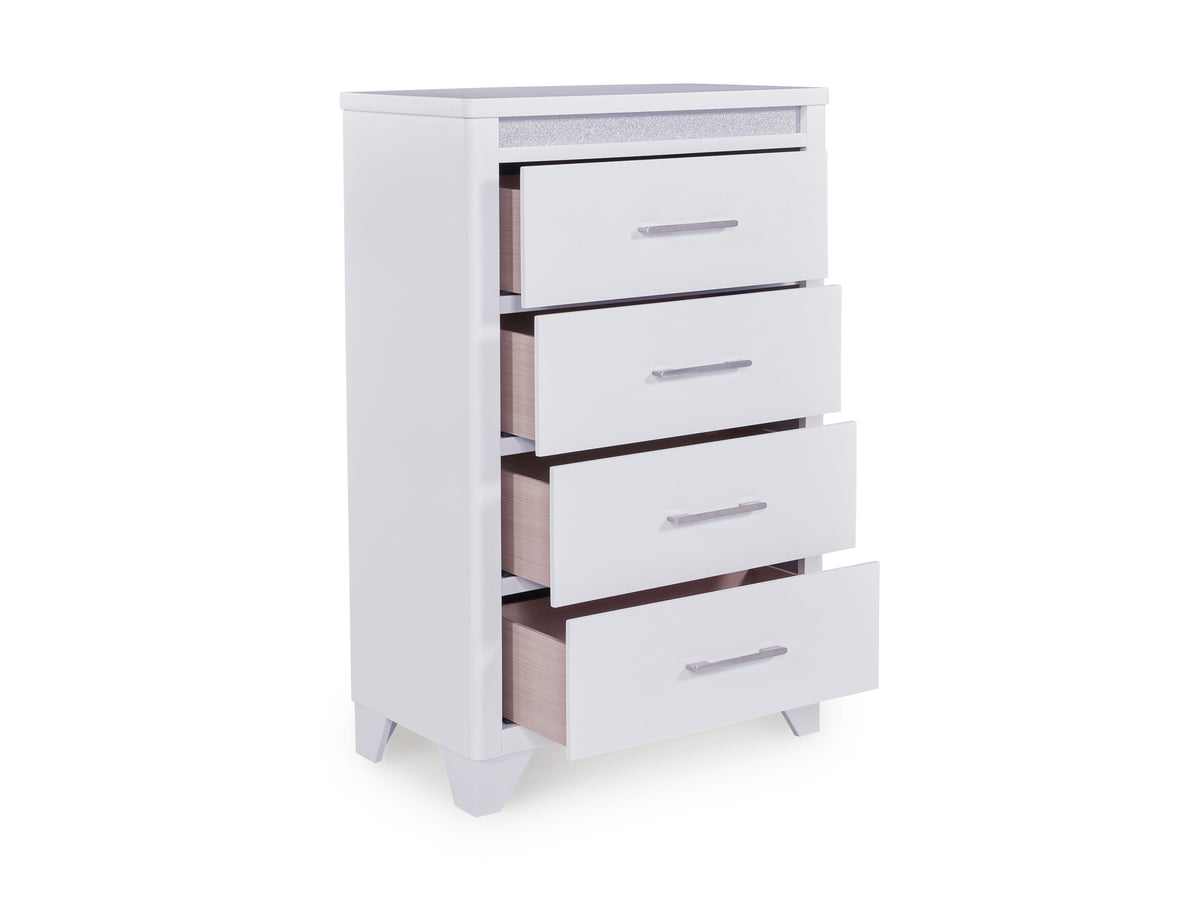White 4-drawer chest with drawers pulled open to reveal light interior