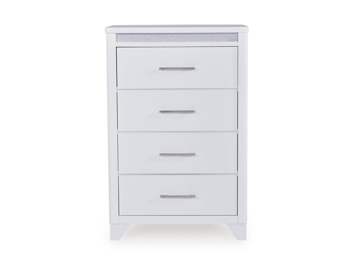 White 4-drawer chest with framed front panels and metal bar handles
