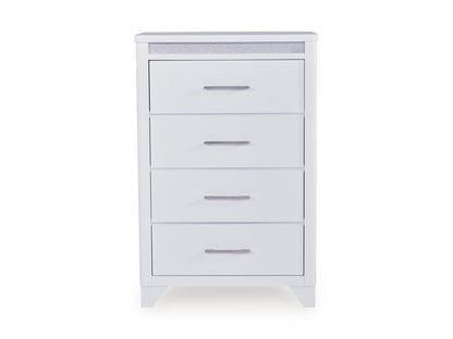 White 4-drawer chest with framed front panels and metal bar handles