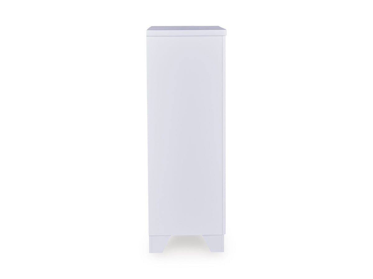 White tall chest of drawers side view with straight panel and small feet