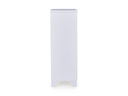 White tall chest of drawers side view with straight panel and small feet