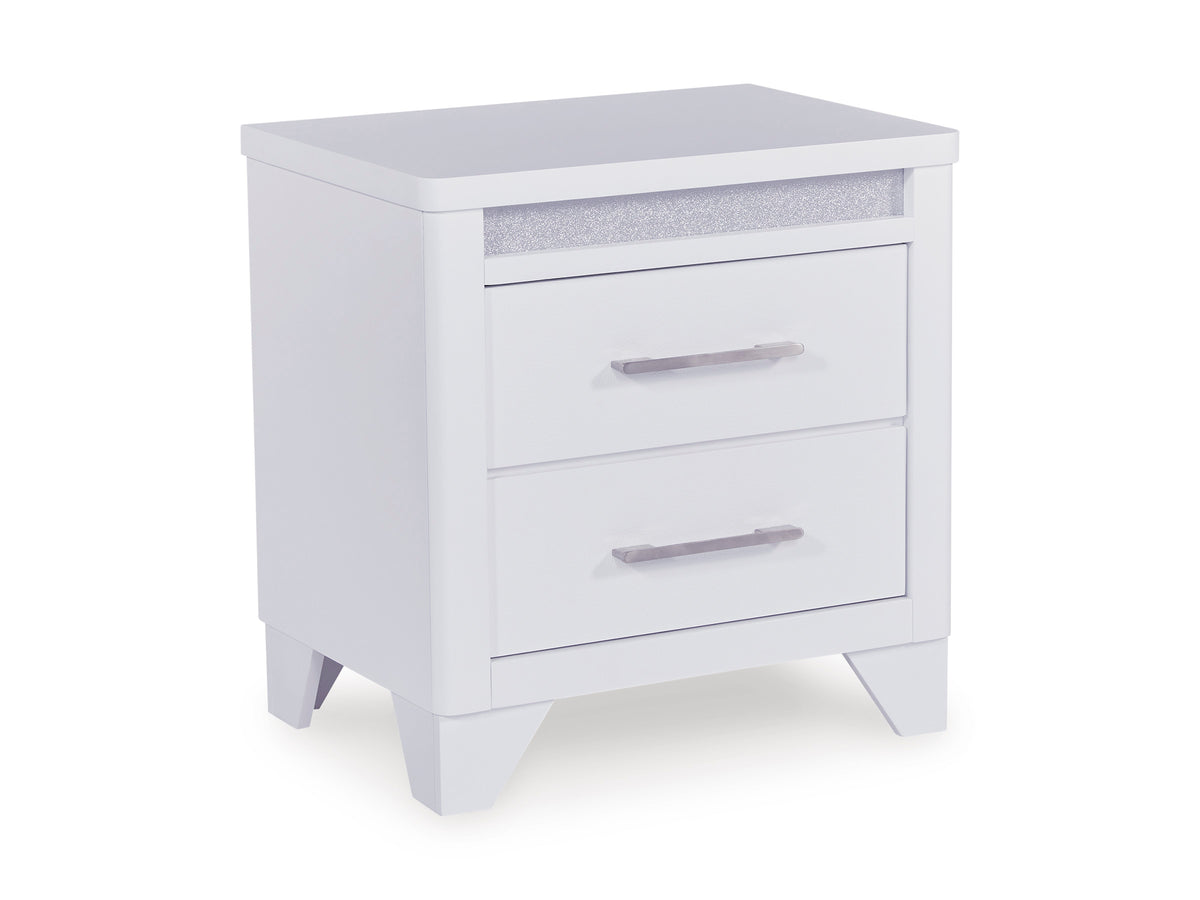 White two-drawer nightstand with top fabric trim and silver bar handles.