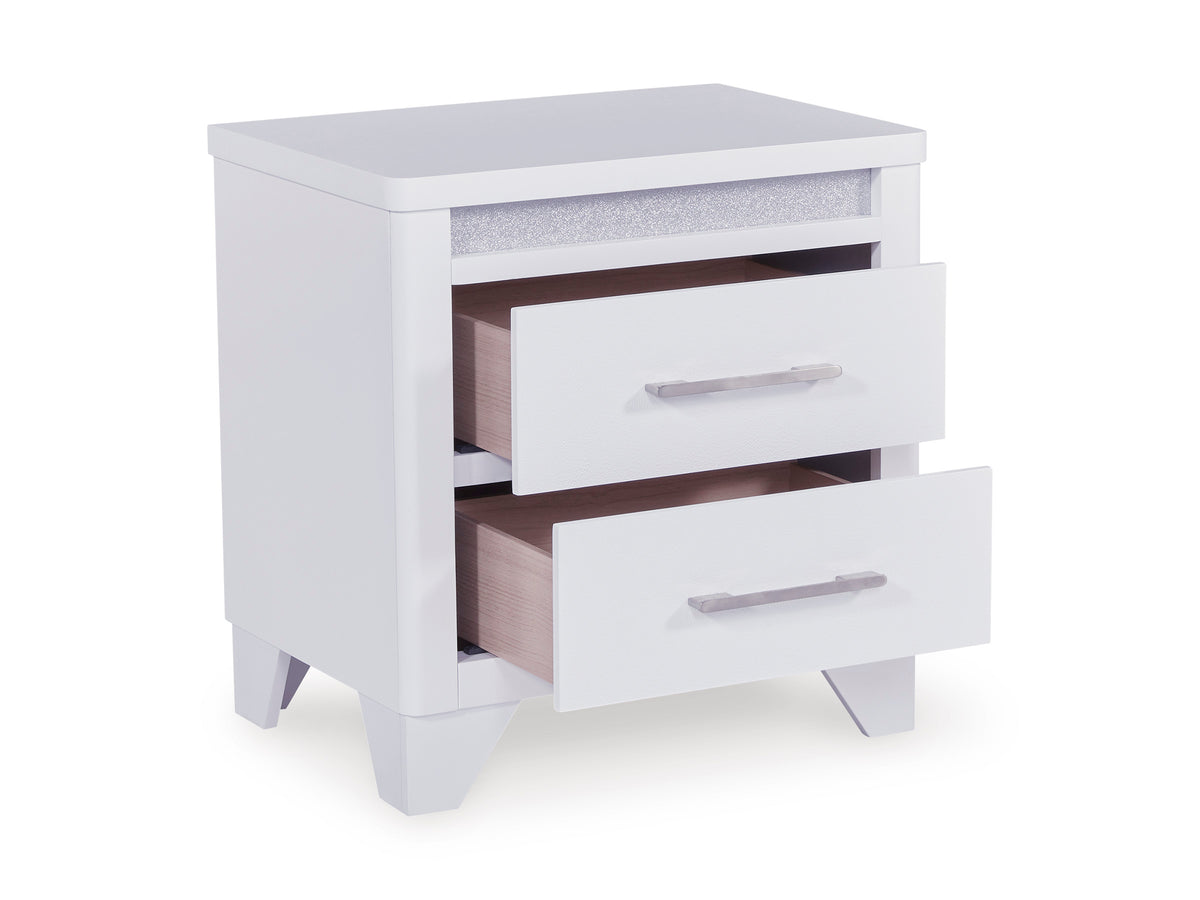 White nightstand with two drawers open, showing interior and silver bar pulls.