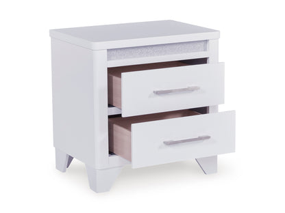 White nightstand with two drawers open, showing interior and silver bar pulls.