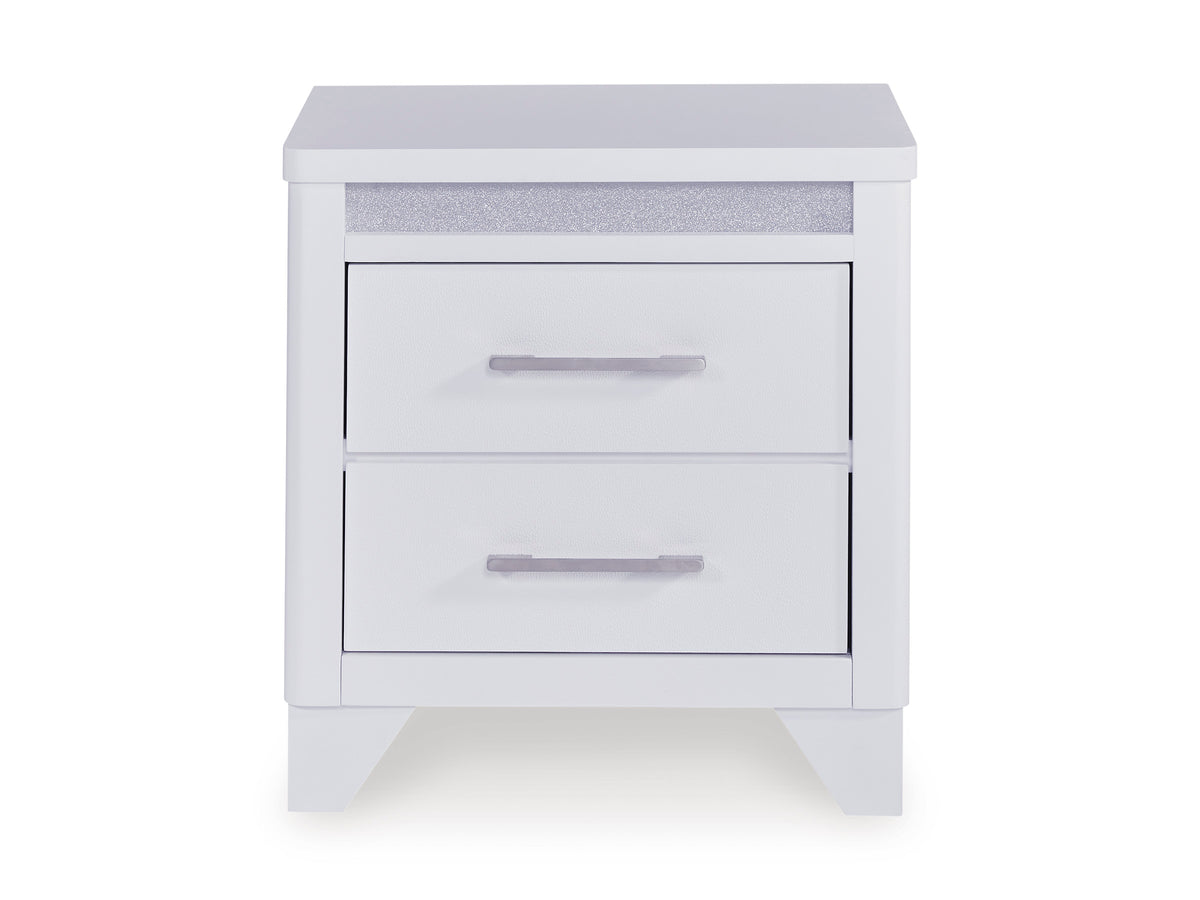 White nightstand front view with two drawers and silver bar handles.