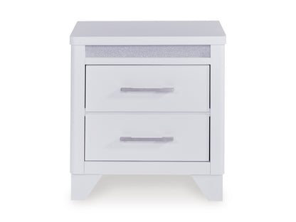 White nightstand front view with two drawers and silver bar handles.