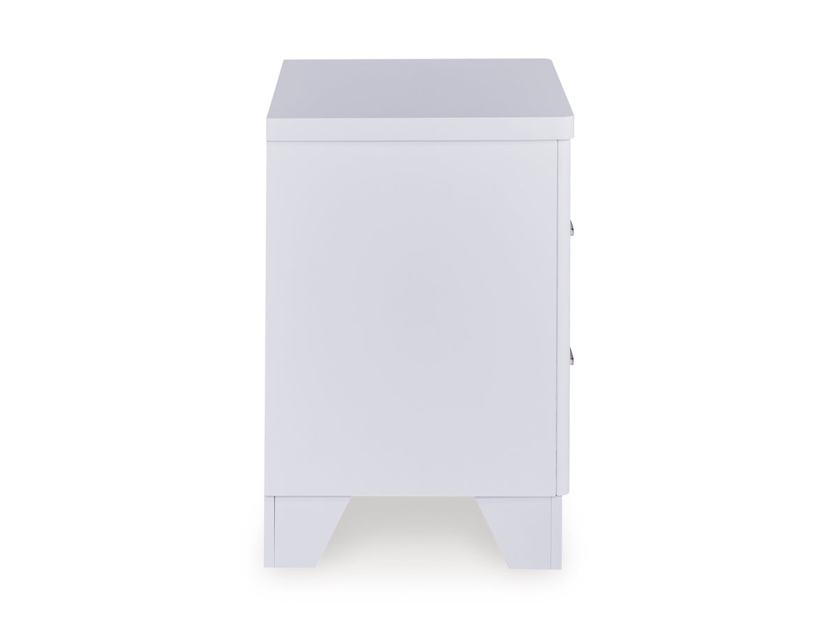 White nightstand side view with cabinet door and tapered legs.