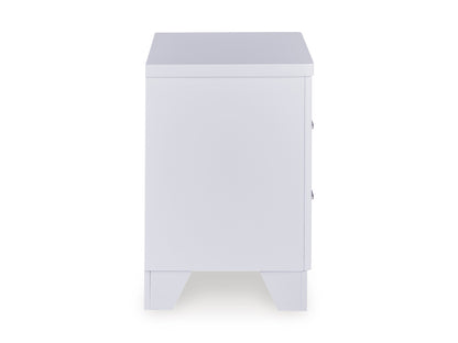 White nightstand side view with cabinet door and tapered legs.