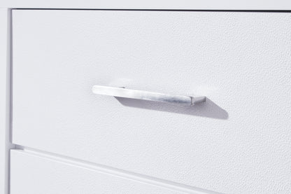 White dresser drawer with long metal pull handle