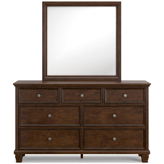 Brown 7-drawer dresser with framed mirror, front view