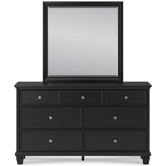 Dark 7-drawer dresser with attached mirror, three upper and two lower rows of drawers, knobs