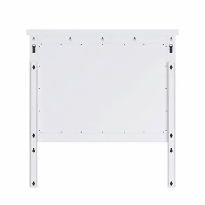 Back of white framed bedroom mirror with mounting brackets and wall hardware