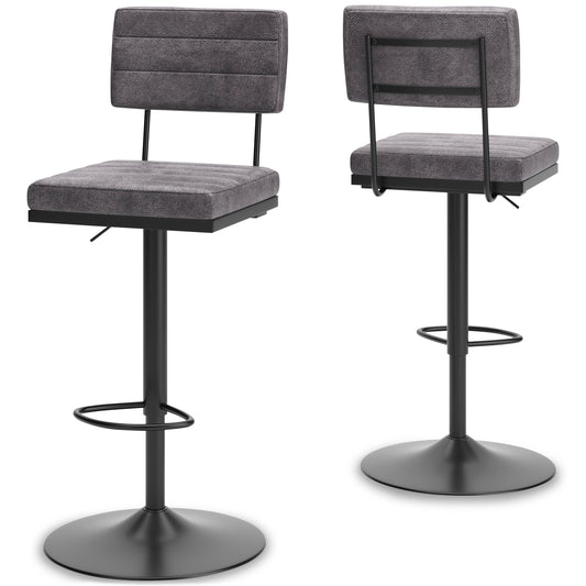 Pair of tall swivel barstools with light gray cushioned backrests and round metal footrest