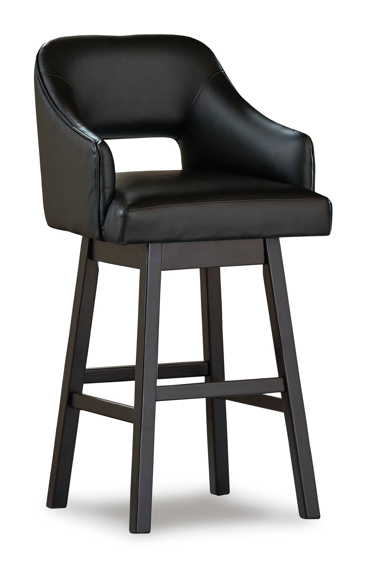 Black bar height bar stool with padded seat and back, curved arms, and footrest