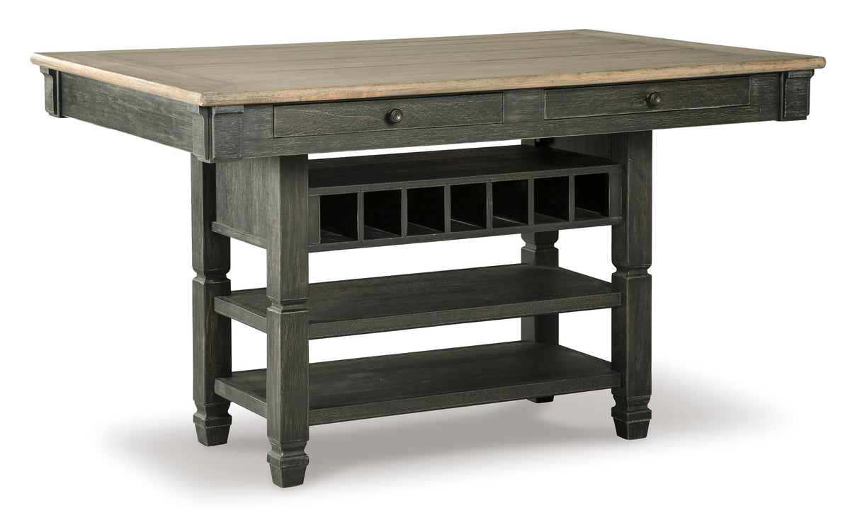 Gray counter-height dining table with square top, drawer, and lower shelf.