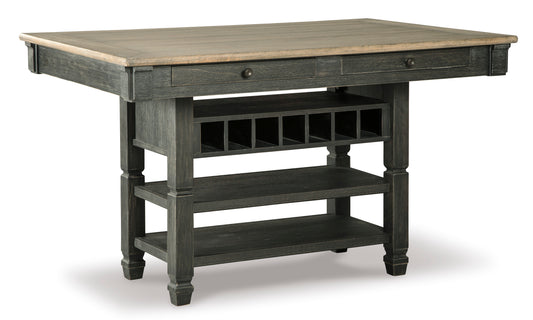 Gray counter-height dining table with square top, drawer, and lower shelf.