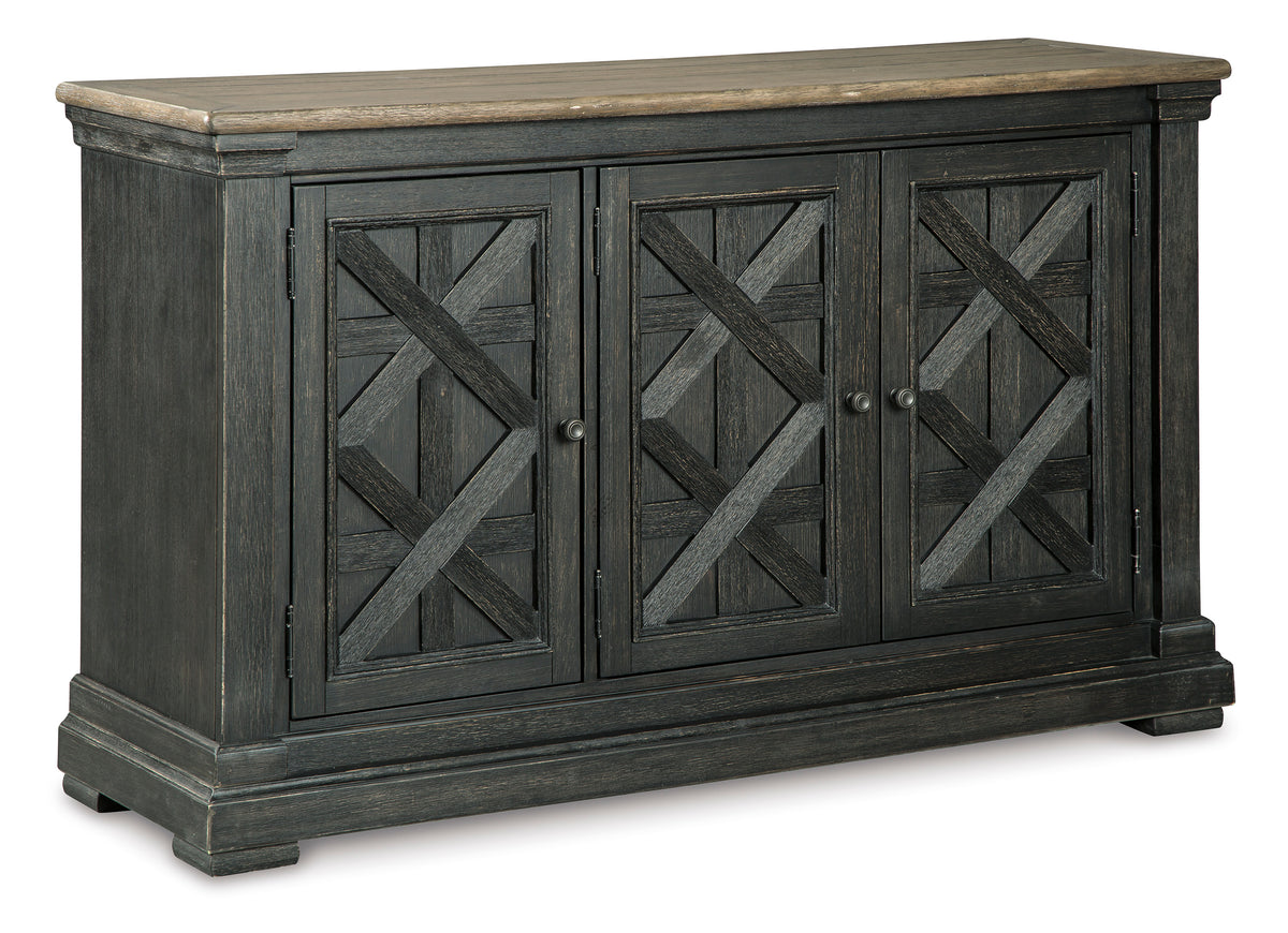 Dark gray dining server with three X-pattern cabinet doors and solid wood top