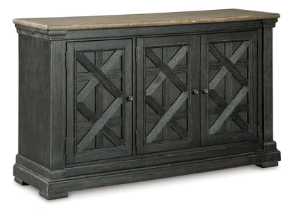 Dark gray dining server with three X-pattern cabinet doors and solid wood top