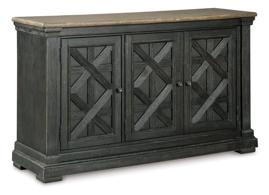Dark gray dining server with three X-pattern cabinet doors and solid wood top