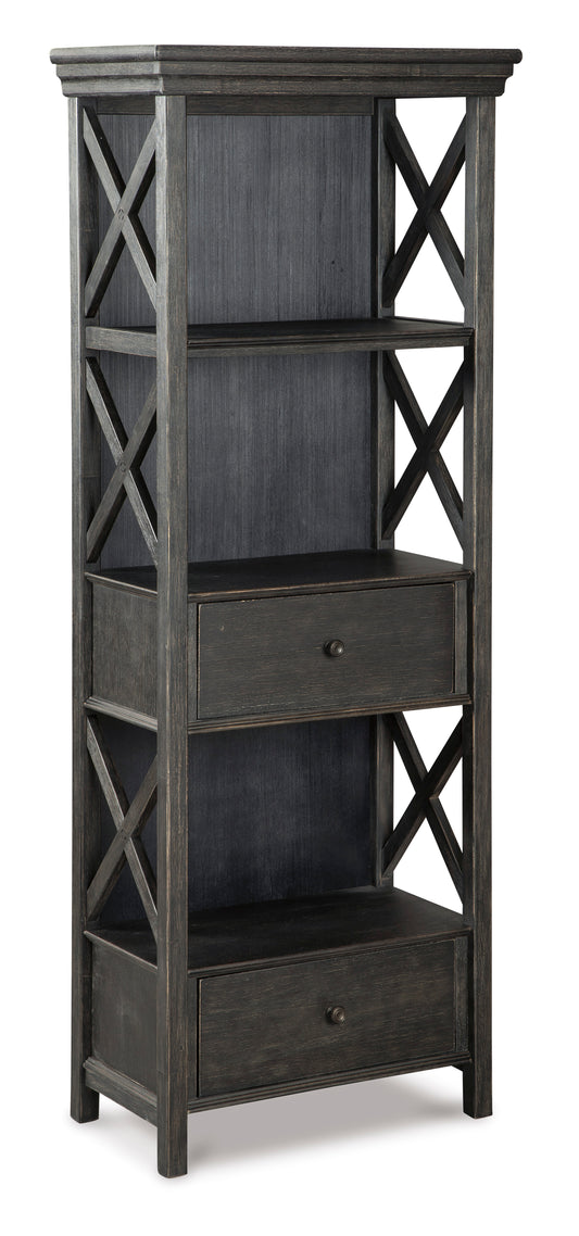 Tyler Creek display cabinet, dark gray wood, open shelves, X-side braces, two drawers