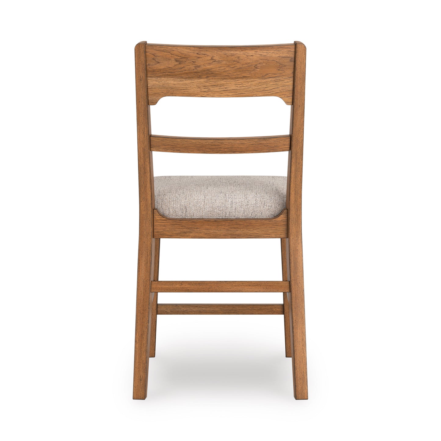 Walnut barstool with light gray upholstered seat and ladder-back design, front view