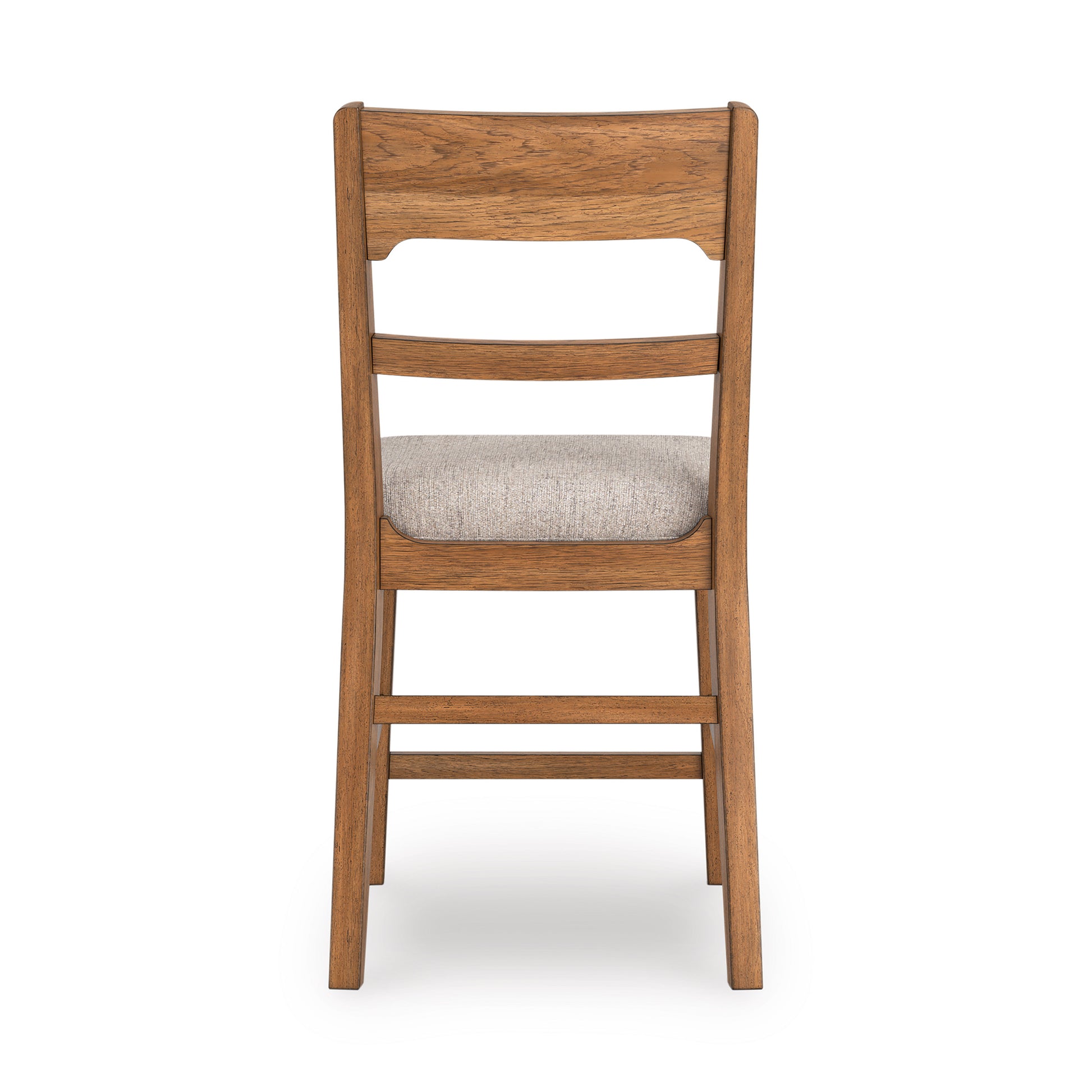 Walnut barstool with light gray upholstered seat and ladder-back design, front view