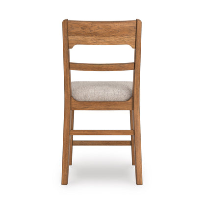 Walnut barstool with light gray upholstered seat and ladder-back design, front view