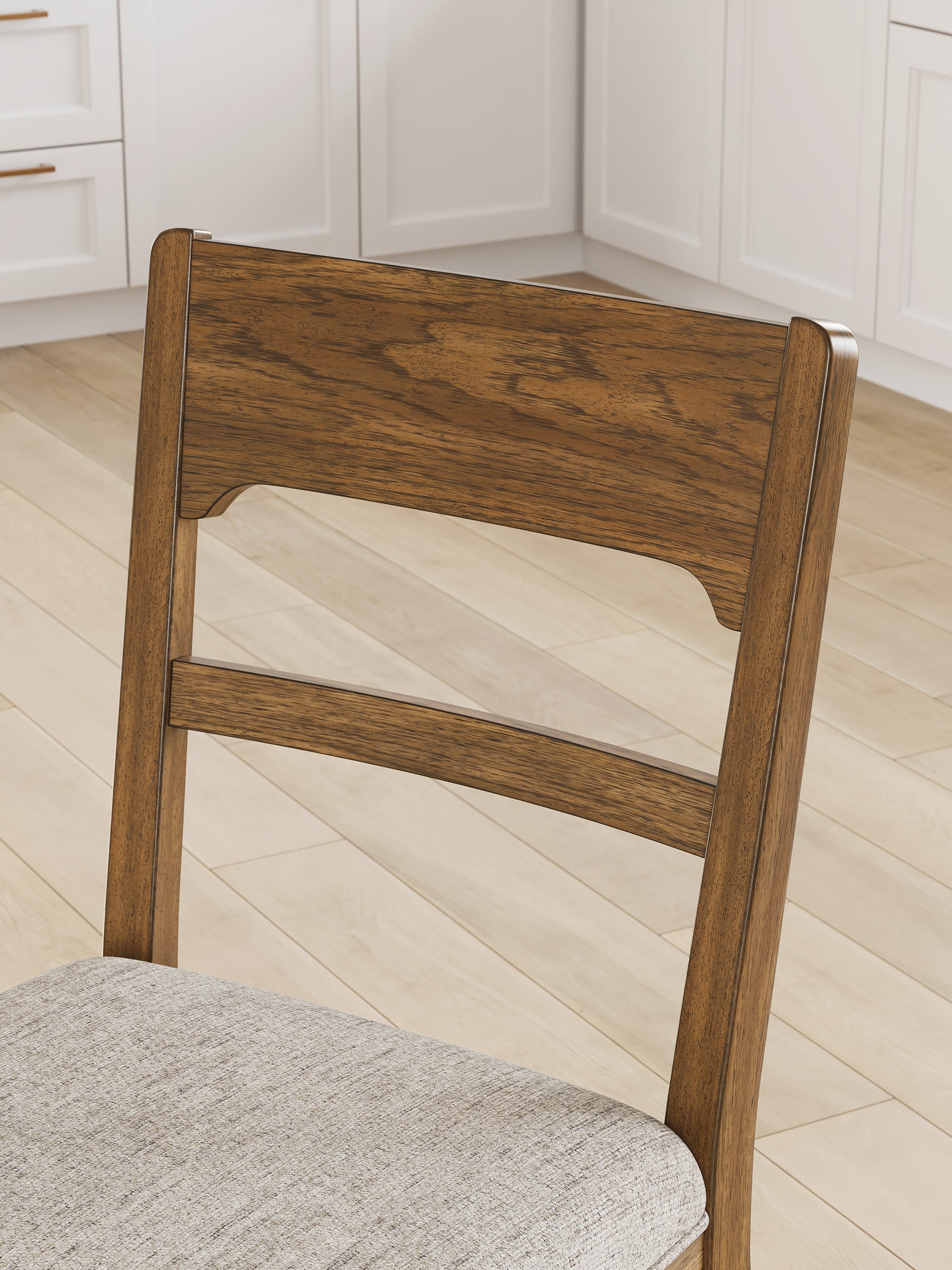 Walnut barstool back with slatted design and light gray upholstered seat, angled view
