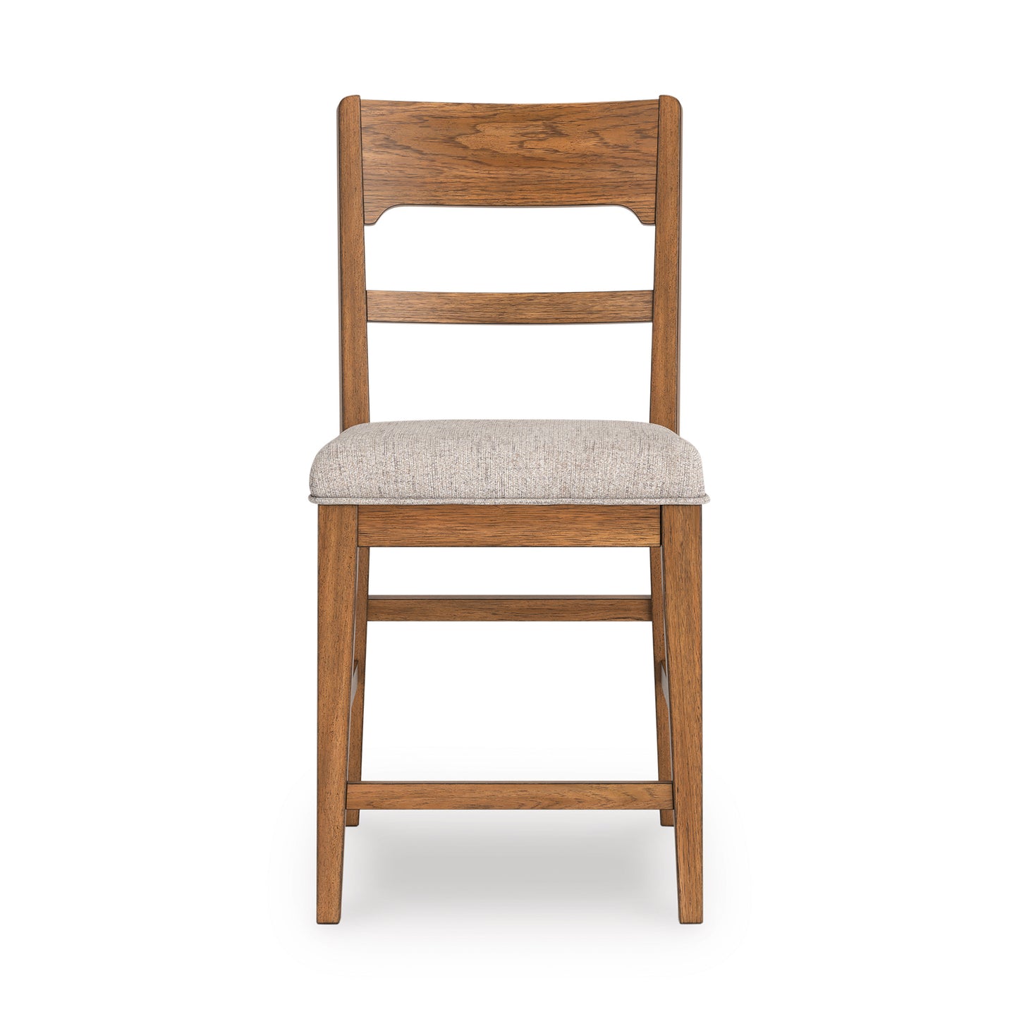 Walnut counter-height barstool with light gray upholstered seat and slatted back, front