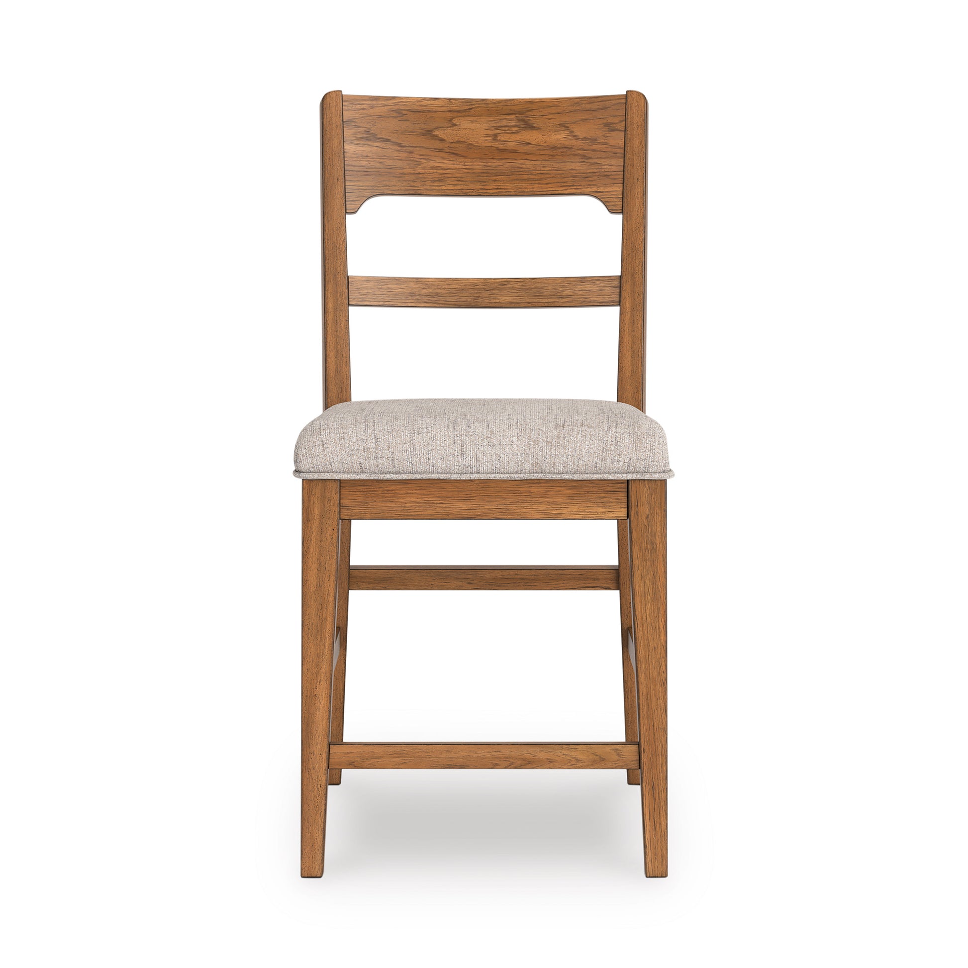 Walnut counter-height barstool with light gray upholstered seat and slatted back, front