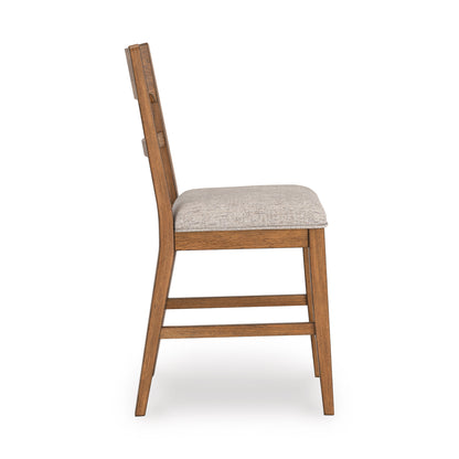 Side view of walnut barstool with light gray upholstered seat and slatted back