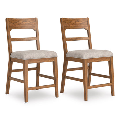 Counter-height barstool set of 2 with walnut frames and light gray upholstered seats