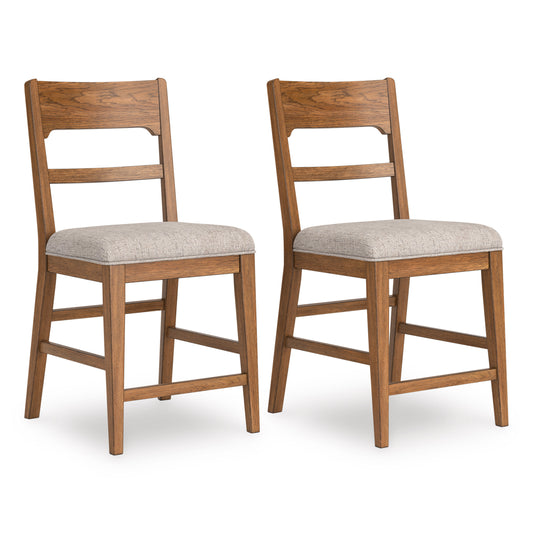 Counter-height barstool set of 2 with walnut frames and light gray upholstered seats