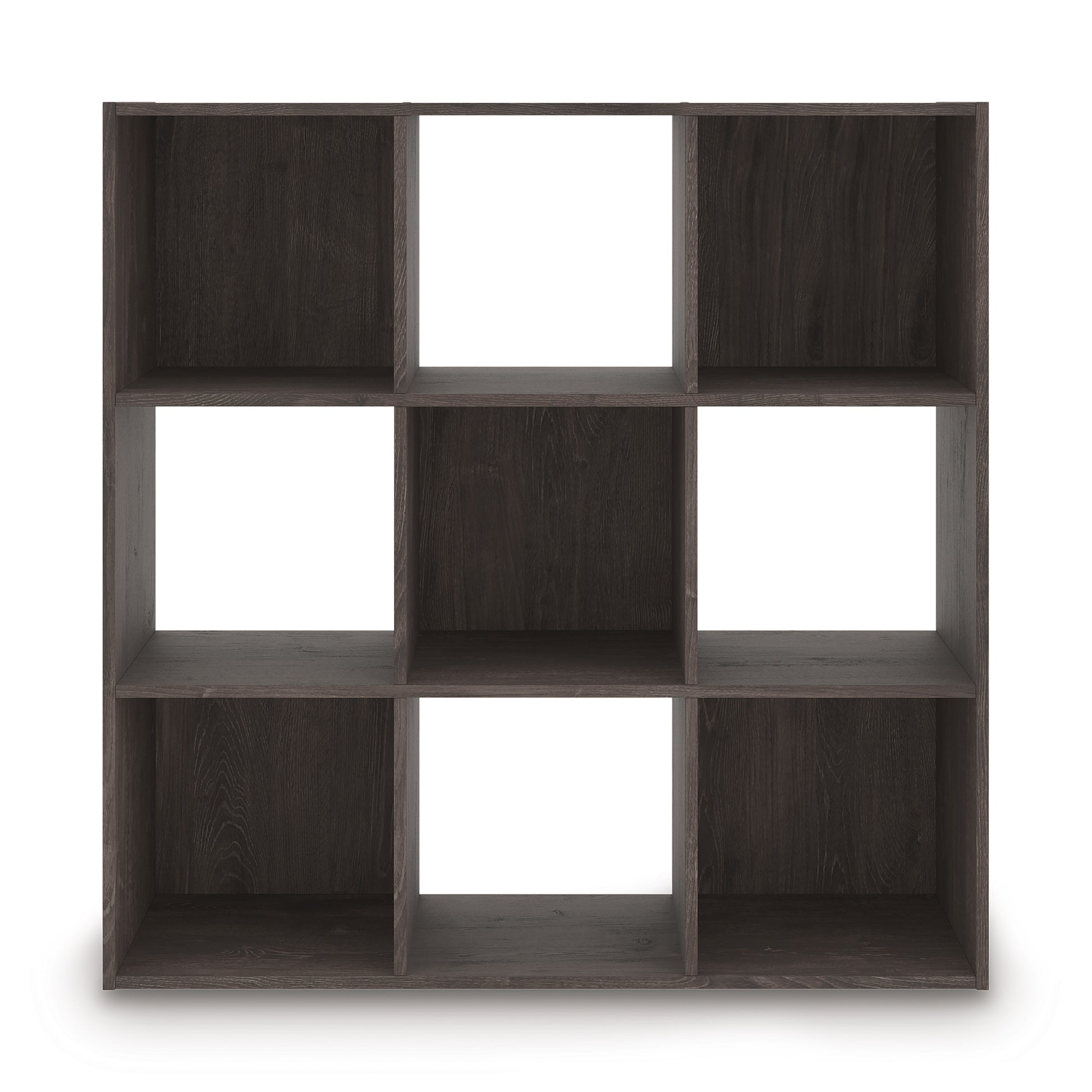 Charcoal cube organizer showing front 3x3 grid of open storage cubbies