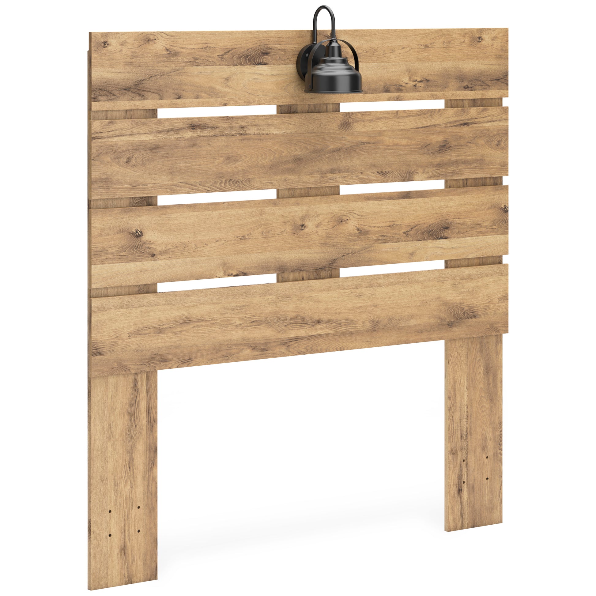 Light oak panel headboard with horizontal slat cutouts and open center