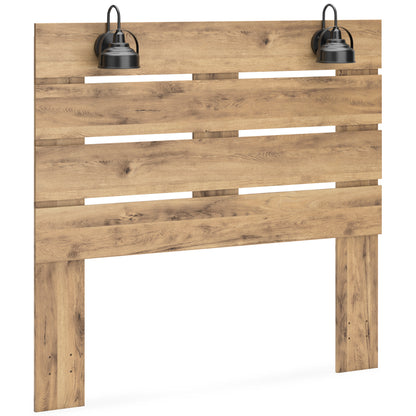 Light oak panel headboard with layered horizontal slats and sturdy corner posts