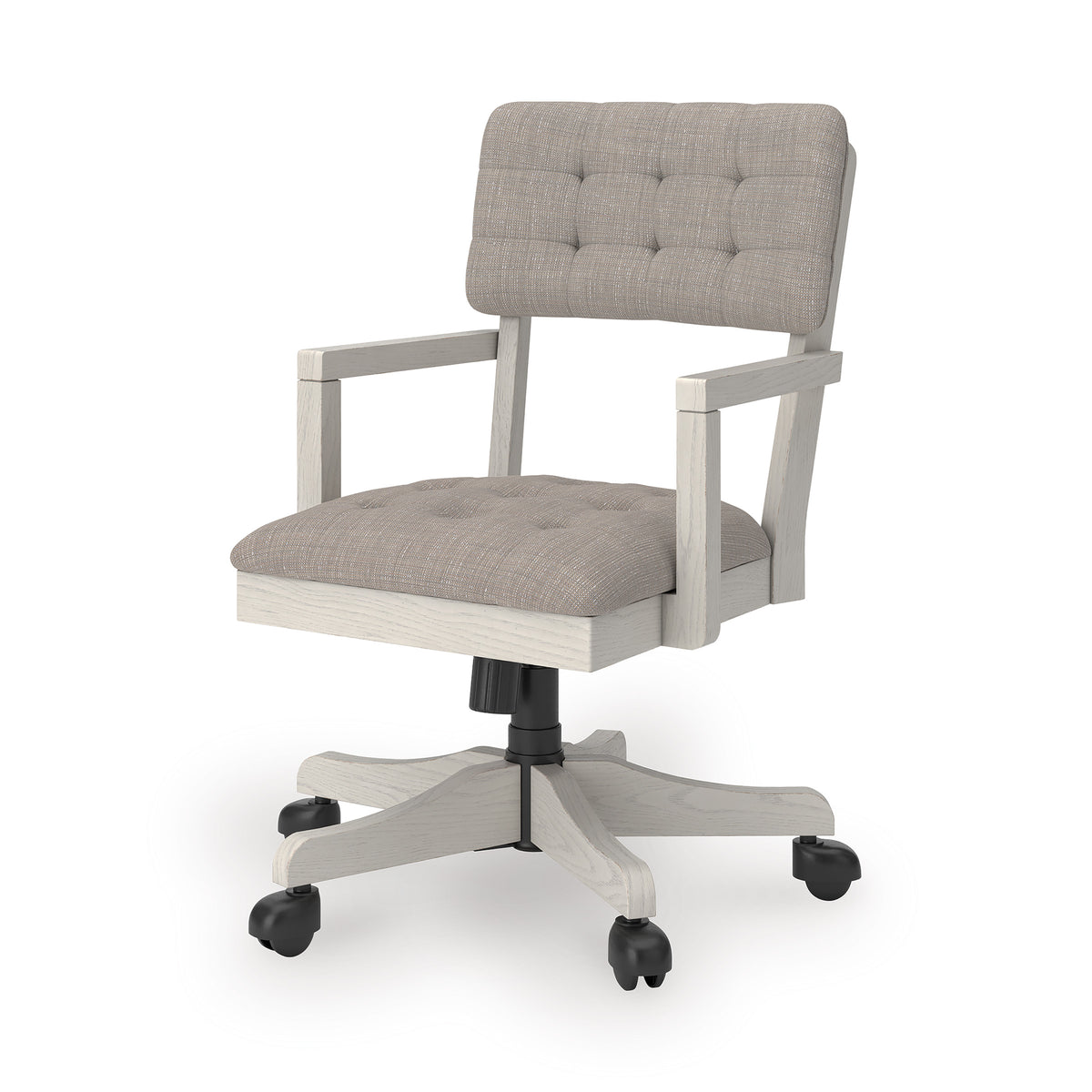Light-gray fabric office chair with tufted back, wide arms, white base, swivel casters.
