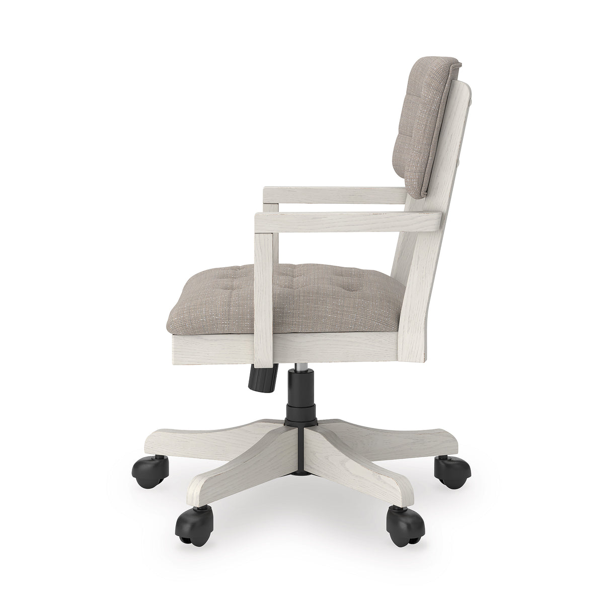 Light-gray fabric office chair with tall back, white arms, black swivel base with wheels.