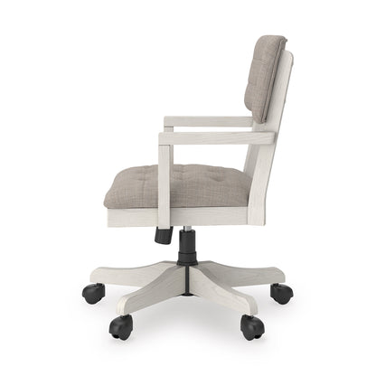 Light-gray fabric office chair with tall back, white arms, black swivel base with wheels.