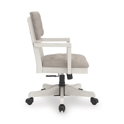 Upholstered office chair with light-gray back and seat, white frame, five-wheel caster base.